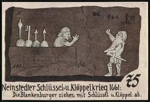 Notgeld Neinstedt, 1921, 75 Pfennig, Schlüssel- und Klöppelkrieg 1661, Blankenburger mit Schlüssel und Klöppel