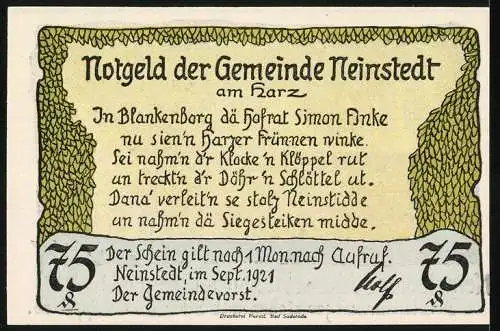 Notgeld Neinstedt, 1921, 75 Pfennig, Schlüssel- und Klöppelkrieg 1661, Blankenburger mit Schlüssel und Klöppel