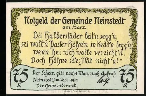 Notgeld Neinstedt, 1921, 75 Pfennig, Gemeinde Neinstedt am Harz mit Illustration des Klöppelkriegs 1661