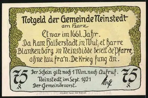 Notgeld Neinstedt 1921, 75 Pfennig, Schlüssel- und Klöppelkrieg 1661 Der Hohe Rat in Halberstadt