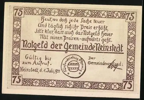 Notgeld Neinstedt 1921, 75 Pfennig, Am Kirchenbrunnen, Gültig bis zum Aufruf