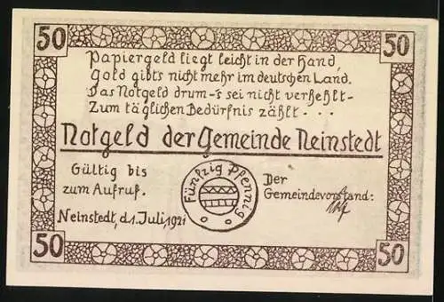 Notgeld Neinstedt 1921, 50 Pfennig, Ansicht der Heilanstalt und Text auf Rückseite