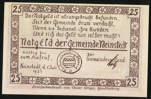 Notgeld Neinstedt 1921, 25 Pfennig, Am Bodewehr, Dreifarbdruck von Oscar Grupe Quedlinburg