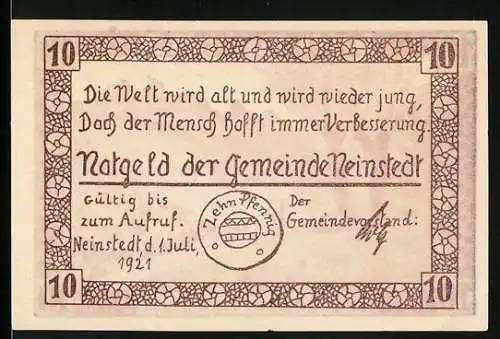 Notgeld Neinstedt, 1921, 10 Pfennig, Landschaftsansicht der Teufelsmauer und Inschrift Die Welt wird alt