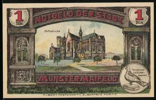 Notgeld Münstermaifeld, 1921, 1 Mark, Abbildung der Stiftskirche und Wappen mit Stadtansicht