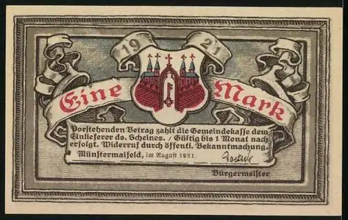 Notgeld Münstermaifeld, 1921, 1 Mark, Abbildung der Stiftskirche und Wappen mit Stadtansicht