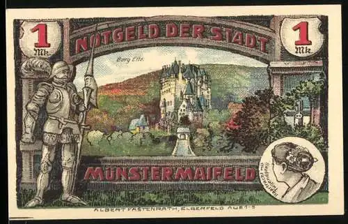 Notgeld Münstermaifeld, 1921, 1 Mark, Burg Eltz und Stadtwappen mit Rittern