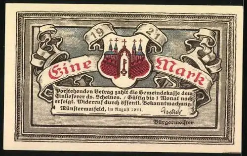 Notgeld Münstermaifeld, 1921, 1 Mark, Burg Eltz und Stadtwappen mit Rittern