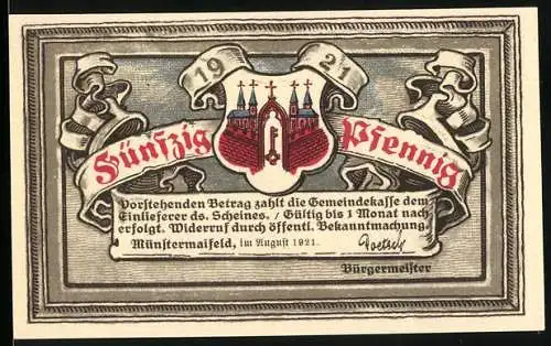 Notgeld Münstermaifeld, 1921, 50 Pfennig, Stadtansicht mit Ritter und Wappen, Bekanntmachung durch Bürgermeister