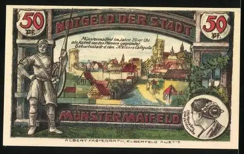 Notgeld Münstermaifeld, 1921, 50 Pfennig, Stadtansicht mit Ritter und Wappen, Bekanntmachung durch Bürgermeister