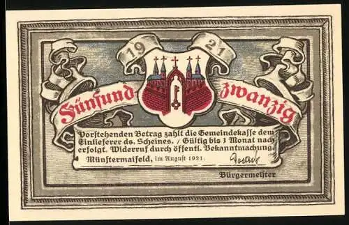 Notgeld Münstermaifeld, 1921, 25 Pfennig, Ruine Pyrmont und Ritter, Stadtwappen und Schriftzüge