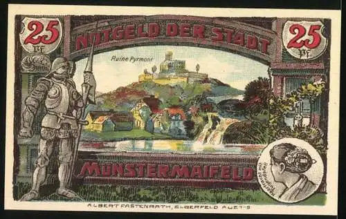 Notgeld Münstermaifeld, 1921, 25 Pfennig, Ruine Pyrmont und Ritter, Stadtwappen und Schriftzüge