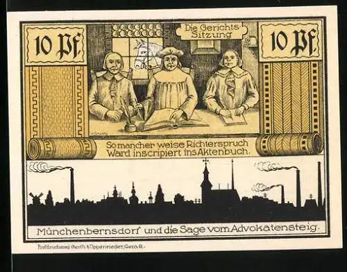 Notgeld Münchenbernsdorf 1921, 10 Pf, Gerichtsverhandlung und Mönchabbildung