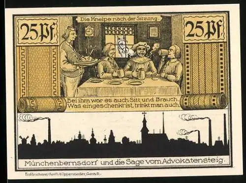 Notgeld Münchenbernsdorf, 1921, 25 Pfennig, Die Kneipe nach der Sitzung und Mönch im Torbogen