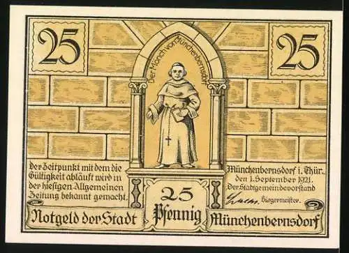 Notgeld Münchenbernsdorf, 1921, 25 Pfennig, Die Kneipe nach der Sitzung und Mönch im Torbogen