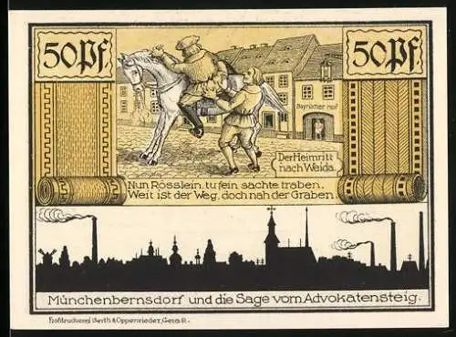 Notgeld Münchenbernsdorf, 1921, 50 Pfennig, Stadtsilhouette und die Sage vom Advokatensteig