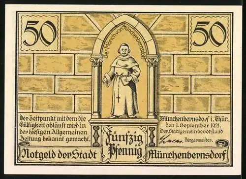 Notgeld Münchenbernsdorf, 1921, 50 Pfennig, Stadtsilhouette und die Sage vom Advokatensteig