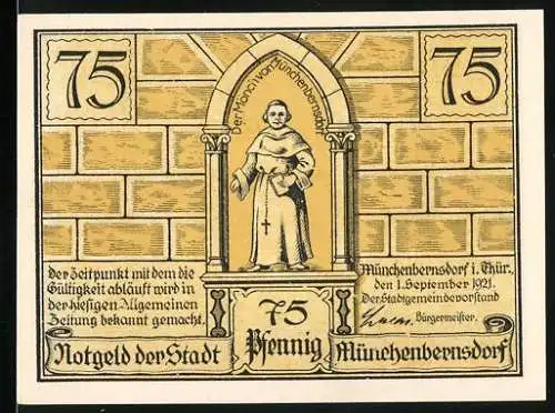 Notgeld Münchenbernsdorf 1921, 75 Pfennig, Stadtmauer mit Mönch und Sage vom Advokatensteig