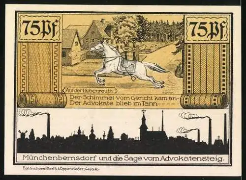 Notgeld Münchenbernsdorf 1921, 75 Pfennig, Stadtmauer mit Mönch und Sage vom Advokatensteig