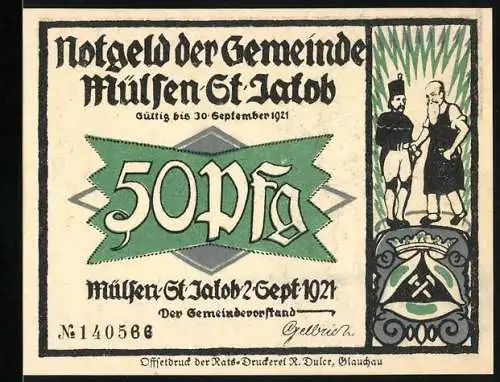 Notgeld Mülsen-St. Jacob 1921, 50 Pfennig, Illustration von Männern an einem Tisch und zwei Männern beim Handschlag