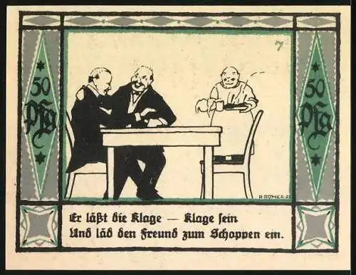 Notgeld Mülsen-St. Jacob 1921, 50 Pfennig, Illustration von Männern an einem Tisch und zwei Männern beim Handschlag