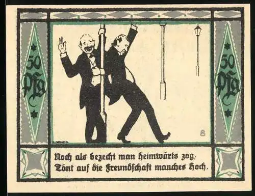 Notgeld Mülsen-St. Jakob, 1921, 50 Pfennig, zwei Männer an Laternenpfählen und Gemeinde Wappen