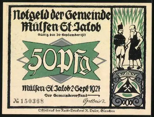 Notgeld Mülsen-St. Jakob, 1921, 50 Pfennig, zwei Männer an Laternenpfählen und Gemeinde Wappen