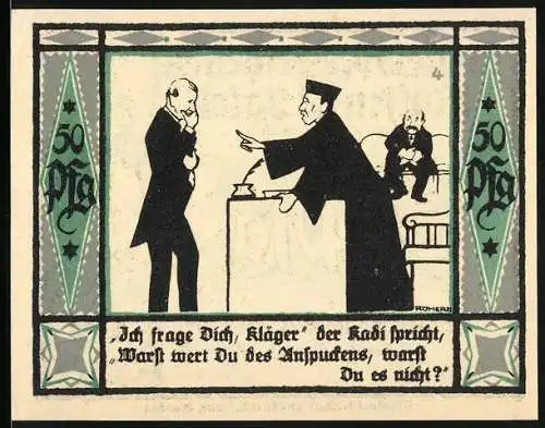 Notgeld Mülsen-St. Jacob, 1921, 50 Pfennig, Gerichtsszene mit Richter und Kläger, Gültig bis 30. September 1921