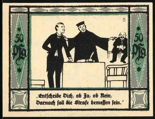 Notgeld Mülsen-St. Jakob 1921, 50 Pfennig, Gerichtsszene und Bergmann mit Schmied