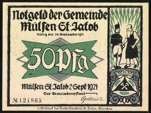 Notgeld Mülsen-St. Jakob 1921, 50 Pfennig, Gerichtsszene und Bergmann mit Schmied