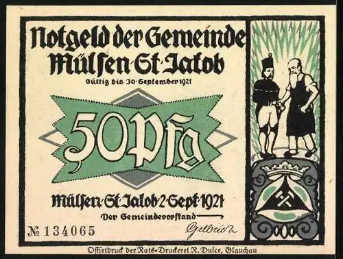 Notgeld Mülsen-St. Jakob 1921, 50 Pf, Gerichtsszene und Dorfleben, Seriennummer 134065