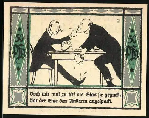 Notgeld Mülsen-St. Jacob 1921, 50 Pf, zwei Männer am Tisch spucken sich an, gültig bis 30. September 1921