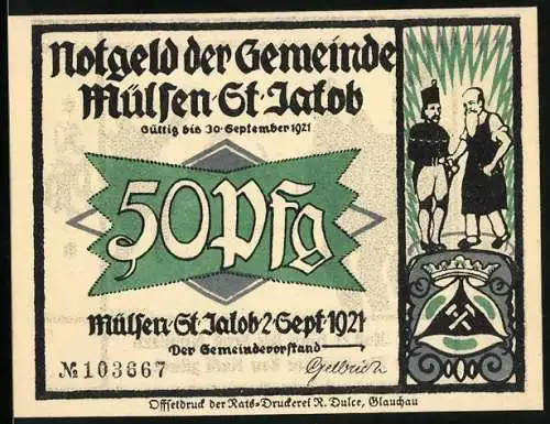 Notgeld Mülsen-St. Jacob, 1921, 50 Pf, Abbildung von Männern und Wappen, humorvolle Szene mit Gedicht auf Rückseite