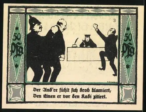 Notgeld Mülsen-St. Jacob, 1921, 50 Pf, Abbildung von Männern und Wappen, humorvolle Szene mit Gedicht auf Rückseite