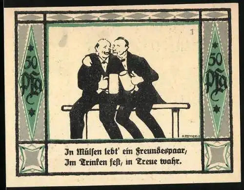 Notgeld Mülsen-St. Jacob 1921, 50 Pfennig, Zwei Männer mit Bierkrügen und Dorfansicht