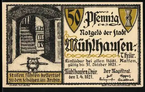 Notgeld Mühlhausen 1921, 50 Pfennig, historische Szene mit Eule und Archivdokument