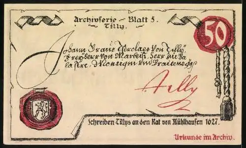 Notgeld Mühlhausen 1921, 50 Pfennig, historische Szene mit Eule und Archivdokument