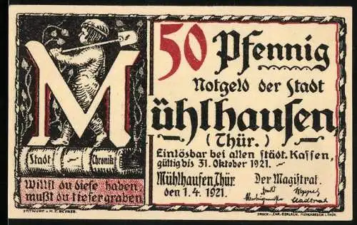 Notgeld Mühlhausen 1921, 50 Pfennig, Stadtchronik-Design mit Bach-Urkunde im Archiv