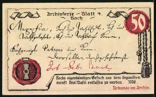 Notgeld Mühlhausen 1921, 50 Pfennig, Stadtchronik-Design mit Bach-Urkunde im Archiv