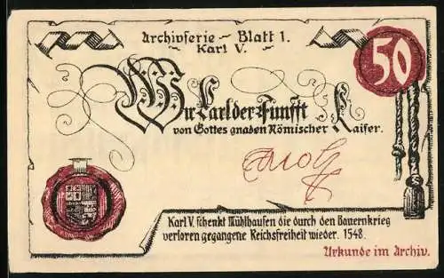 Notgeld Mühlhausen, 1921, 50 Pfennig, Archivserie Blatt 1: Karl V. Schenkung und Kellergewölbe-Szene