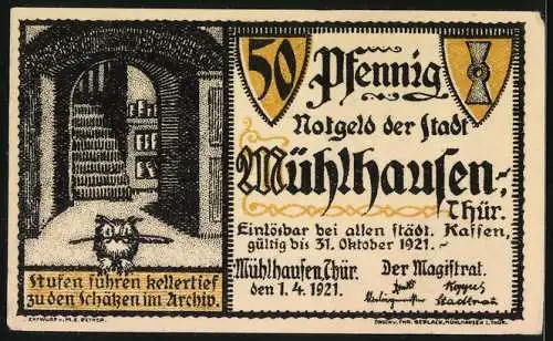 Notgeld Mühlhausen, 1921, 50 Pfennig, Archivserie Blatt 1: Karl V. Schenkung und Kellergewölbe-Szene