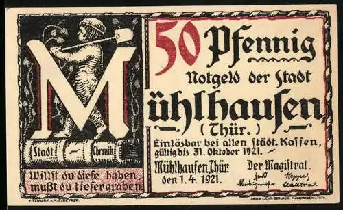 Notgeld Mühlhausen 1921, 50 Pfennig, Stadtchronik und Luther-Schreiben, gültig bis 31. Oktober 1921