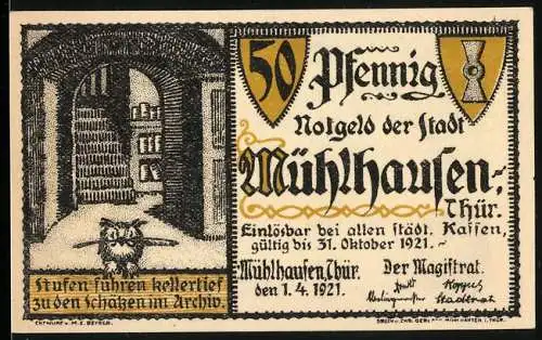 Notgeld Mühlhausen 1921, 50 Pfennig, Stadttor und Schutzbrief Wallensteins für Mühlhausen 1625