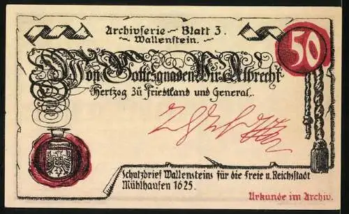 Notgeld Mühlhausen 1921, 50 Pfennig, Stadttor und Schutzbrief Wallensteins für Mühlhausen 1625