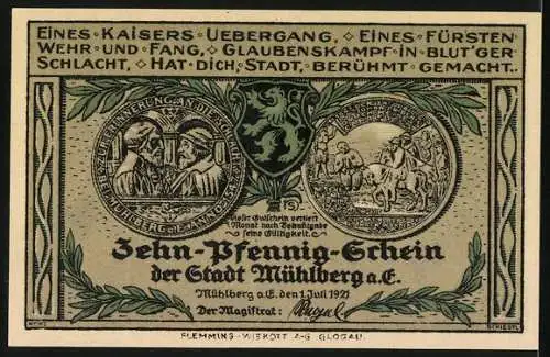 Notgeld Mühlberg a. E., 1921, 10 Pfennig, Stadtansicht und historische Szenen, Flemming & Wiskott A.-G