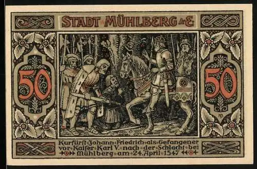 Notgeld Mühlberg 1921, 50 Pfennig, Darstellung Kurfürst Johann Friedrich als Gefangener von Kaiser Karl V