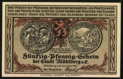 Notgeld Mühlberg 1921, 50 Pfennig, Darstellung Kurfürst Johann Friedrich als Gefangener von Kaiser Karl V