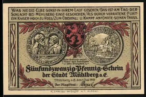 Notgeld Mühlberg a. E., 1921, 25 Pfennig, zwei Medaillons und Text, Neustädter Kirche