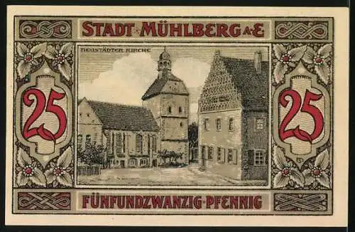 Notgeld Mühlberg a. E., 1921, 25 Pfennig, zwei Medaillons und Text, Neustädter Kirche