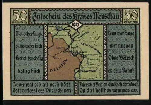 Notgeld Monschau 1921, 50 Pfennig, Karte von Monschau und umliegenden Gebieten, Wappen und Inschrift